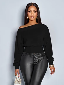 SOLERSUN Women's Autumn And Winter Open Shoulder Batwing Long Sleeve Ribbed Cuff Waist Crop Sweatshirt Night Out Everyday Black Elegant Casual - Multicolor - View 9