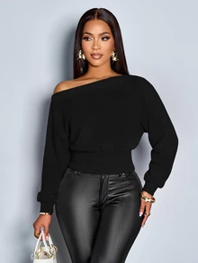 SOLERSUN Women's Autumn And Winter Open Shoulder Batwing Long Sleeve Ribbed Cuff Waist Crop Sweatshirt Night Out Everyday Black Elegant Casual - Multicolor - View 7