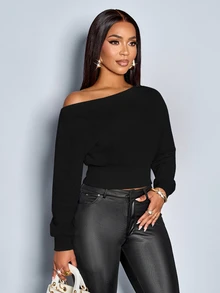 SOLERSUN Women's Autumn And Winter Open Shoulder Batwing Long Sleeve Ribbed Cuff Waist Crop Sweatshirt Night Out Everyday Black Elegant Casual - Multicolor - View 6