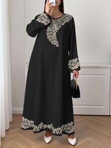 SHEIN Najma 大码女式优雅阿拉伯风格花卉砖纹V领长袖连衣裙，春夏 - 彩色 - 查看 4