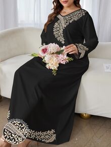 SHEIN Najma 大码女式优雅阿拉伯风格花卉砖纹V领长袖连衣裙，春夏 - 彩色 - 查看 1