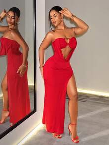 BamGleam Women's Solid Color Hollow Cutout Design Sexy Party Night Out Strapless Red Dress Elegant Luxury Evening Wedding Summer - Red - View 8