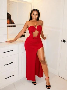 BamGleam Women's Solid Color Hollow Cutout Design Sexy Party Night Out Strapless Red Dress Elegant Luxury Evening Wedding Summer - Red - View 2
