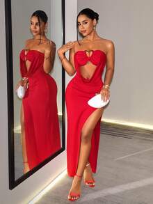BamGleam Women's Solid Color Hollow Cutout Design Sexy Party Night Out Strapless Red Dress Elegant Luxury Evening Wedding Summer - Red - View 5