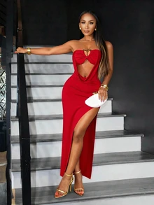 BamGleam Women's Solid Color Hollow Cutout Design Sexy Party Night Out Strapless Red Dress Elegant Luxury Evening Wedding Summer - Red - View 10