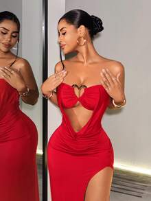 BamGleam Women's Solid Color Hollow Cutout Design Sexy Party Night Out Strapless Red Dress Elegant Luxury Evening Wedding Summer - Red - View 9