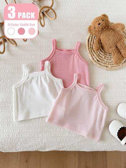 2026 Zomer Meisjes Effen Kleur Geribbelde Tanktop 3-delige Set, Lichtroze & Zachtwit All-Match Tops, Elastische Huidvriendelijke Stof, Mouwloos Veelzijdig Dagelijks Dragen Voor Baby Meisjes