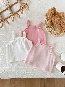 Vintaside Kids 3 Pack Baby Girls Tank Top Cute Sweet Pink White Ribbed Knit Solid Sleeveless Round Neck Lightweight Beach Summer Ballet Princess First Birthday Basic - Multicolor - View 9