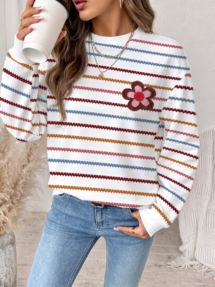 SHEIN LUNE Sweatshirt Wanita Motif Bunga Garis Bergelombang Retro Warna-warni - Putih - View 4