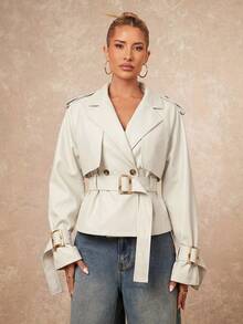 Casual Women's Solid Color Double Breasted Long Sleeve Trench Coat - Bordeaux - View 11
