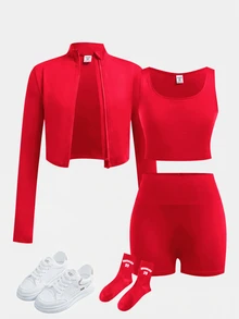 SHEIN 女童 3 件組紅色夏季健身運動套裝，拉鍊開襟外套、圓領短版背心與鬆緊腰修身短褲，輕便春秋套裝 - 紅色 - 查看 2