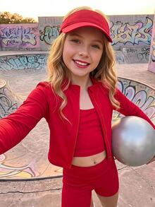 SHEIN 女童 3 件組紅色夏季健身運動套裝，拉鍊開襟外套、圓領短版背心與鬆緊腰修身短褲，輕便春秋套裝 - 紅色 - 查看 9