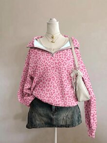 SHEIN EZwear 粉色多巴胺豹紋半拉鍊運動衫，棕色調，秋季休閒街頭風，適合多種場合，Y2K復古風格，返校季秋冬上衣 - 彩色 - 查看 1