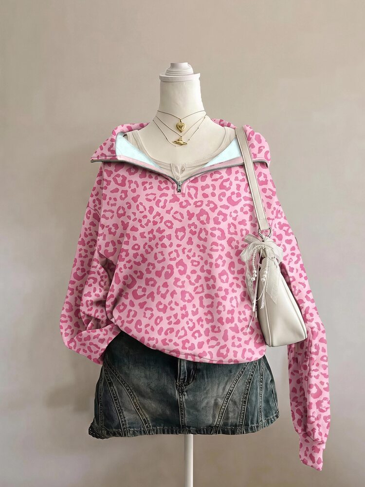 SHEIN EZwear 粉色多巴胺豹紋半拉鍊運動衫，棕色調，秋季休閒街頭風，適合多種場合，Y2K復古風格，返校季秋冬上衣 - 彩色 - 查看 1