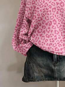 SHEIN EZwear 粉色多巴胺豹紋半拉鍊運動衫，棕色調，秋季休閒街頭風，適合多種場合，Y2K復古風格，返校季秋冬上衣 - 彩色 - 查看 5