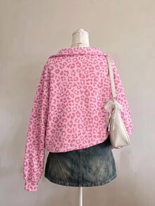 SHEIN EZwear 粉色多巴胺豹紋半拉鍊運動衫，棕色調，秋季休閒街頭風，適合多種場合，Y2K復古風格，返校季秋冬上衣 - 彩色 - 查看 2
