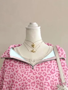 SHEIN EZwear 粉色多巴胺豹紋半拉鍊運動衫，棕色調，秋季休閒街頭風，適合多種場合，Y2K復古風格，返校季秋冬上衣 - 彩色 - 查看 4
