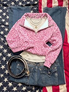 SHEIN EZwear 粉色多巴胺豹紋半拉鍊運動衫，棕色調，秋季休閒街頭風，適合多種場合，Y2K復古風格，返校季秋冬上衣 - 彩色 - 查看 6