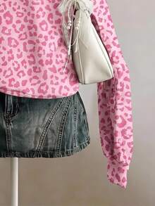 SHEIN EZwear 粉色多巴胺豹紋半拉鍊運動衫，棕色調，秋季休閒街頭風，適合多種場合，Y2K復古風格，返校季秋冬上衣 - 彩色 - 查看 3