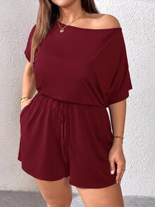 SHEIN Essnce Plus Size Women Solid Color Asymmetrical Shoulder Pleated Casual Daily Wear Romper - Red Violet - View 3