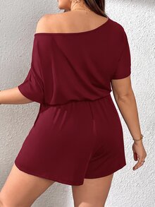 SHEIN Essnce Plus Size Women Solid Color Asymmetrical Shoulder Pleated Casual Daily Wear Romper - Red Violet - View 2