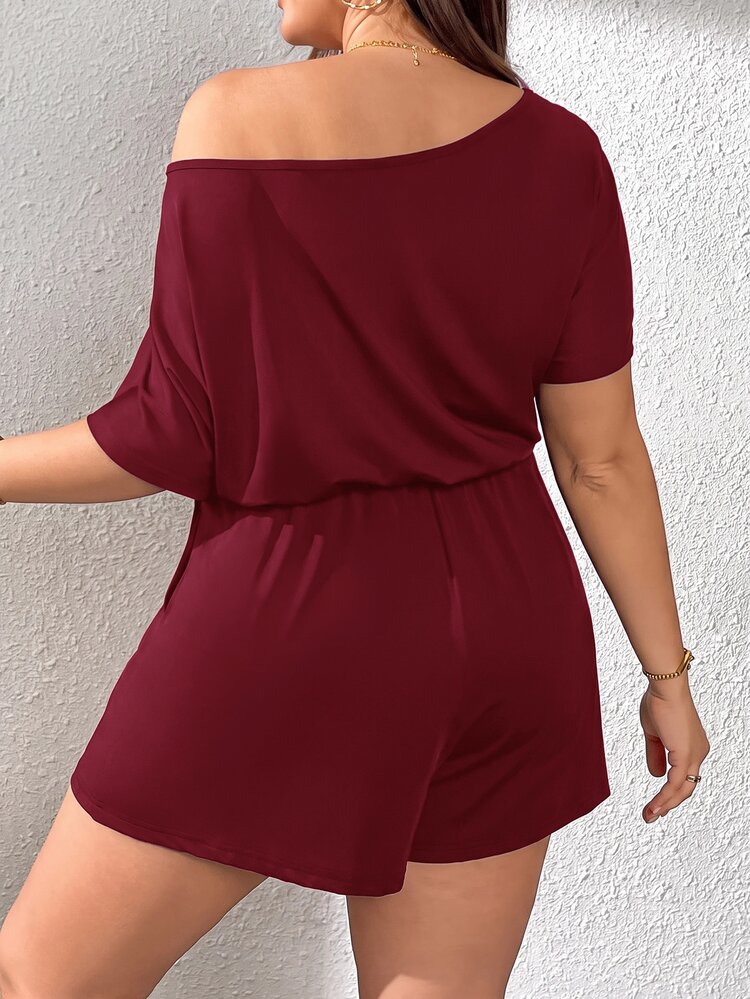 SHEIN Essnce Plus Size Women Solid Color Asymmetrical Shoulder Pleated Casual Daily Wear Romper - Red Violet - View 2