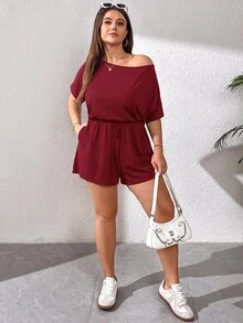 SHEIN Essnce Plus Size Women Solid Color Asymmetrical Shoulder Pleated Casual Daily Wear Romper - Red Violet - View 6