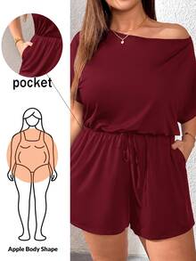 SHEIN Essnce Plus Size Women Solid Color Asymmetrical Shoulder Pleated Casual Daily Wear Romper - Red Violet - View 1