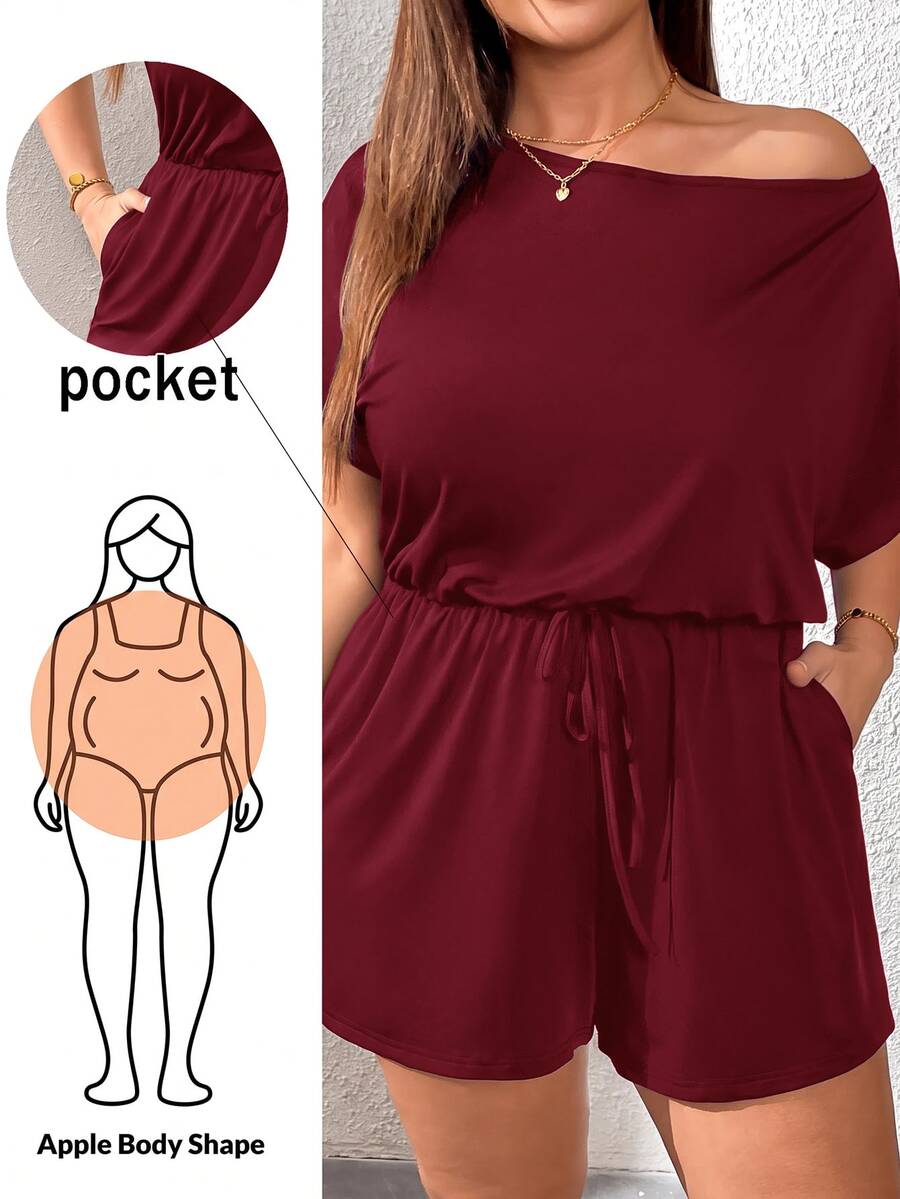 SHEIN Essnce Plus Size Women Solid Color Asymmetrical Shoulder Pleated Casual Daily Wear Romper - Red Violet - View 1