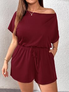 SHEIN Essnce Plus Size Women Solid Color Asymmetrical Shoulder Pleated Casual Daily Wear Romper - Red Violet - View 7