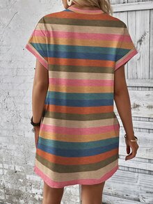INAWLY Colorful Striped Print Round Neck Short Sleeve Summer Dress - Multicolor - View 2