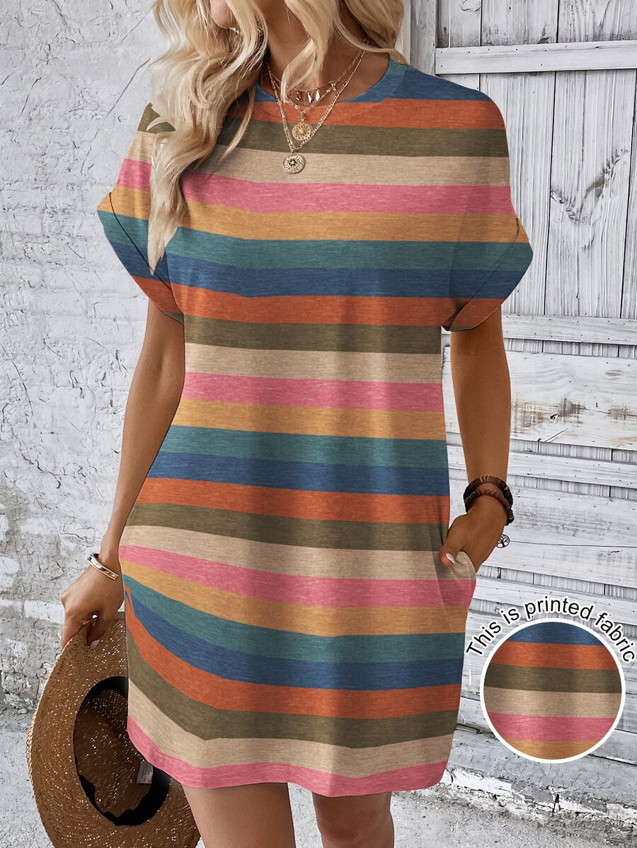 INAWLY Colorful Striped Print Round Neck Short Sleeve Summer Dress - Multicolor - View 1