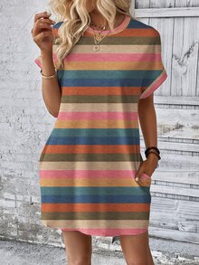 INAWLY Colorful Striped Print Round Neck Short Sleeve Summer Dress - Multicolor - View 4