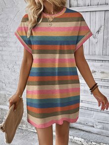 INAWLY Colorful Striped Print Round Neck Short Sleeve Summer Dress - Multicolor - View 6