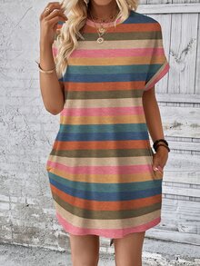 INAWLY Colorful Striped Print Round Neck Short Sleeve Summer Dress - Multicolor - View 3