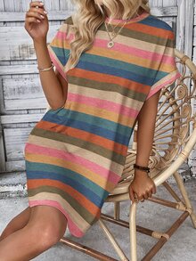 INAWLY Colorful Striped Print Round Neck Short Sleeve Summer Dress - Multicolor - View 5