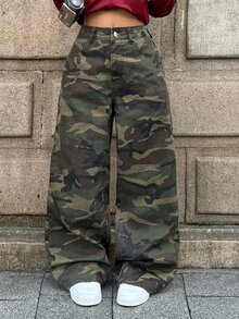 StreetHx Women's Camouflage Casual Daily Denim Jeans With Pockets And Buttons,Fall/Winter - Army Green - View 5