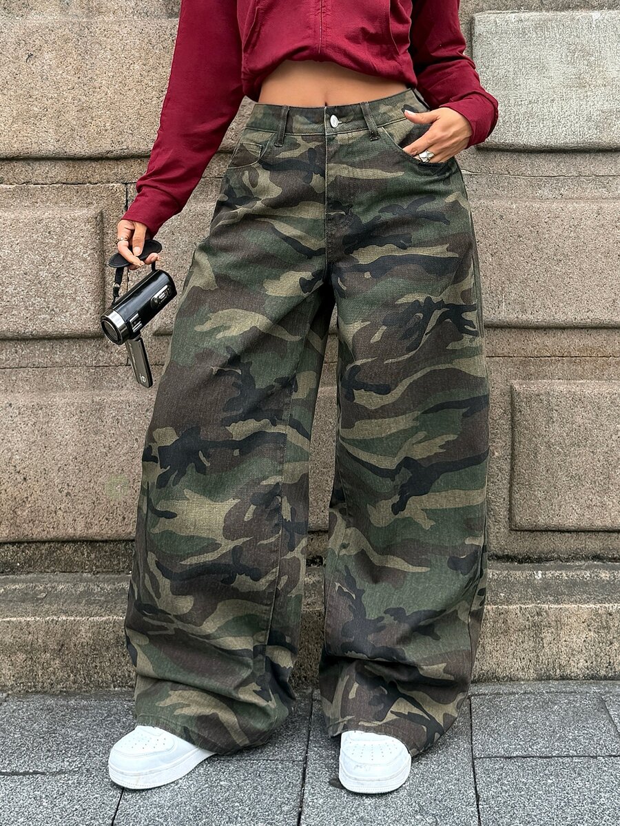 StreetHx Women's Camouflage Casual Daily Denim Jeans With Pockets And Buttons,Fall/Winter - Army Green - View 1
