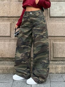 StreetHx Women's Camouflage Casual Daily Denim Jeans With Pockets And Buttons,Fall/Winter - Army Green - View 6
