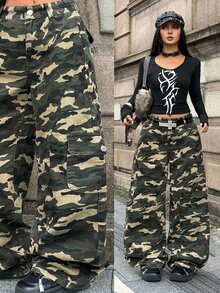 StreetHx Women's Camouflage Zipper Fly Flap Pocket Cargo Jeans Autumn - Army Green - View 8