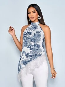 SOLERSUN Atasan Wanita Musim Panas Motif Pemandangan Retro Leher Tinggi Tanpa Lengan dengan Blok Warna dan Renda Bulu Mata - MultiWarna - View 9