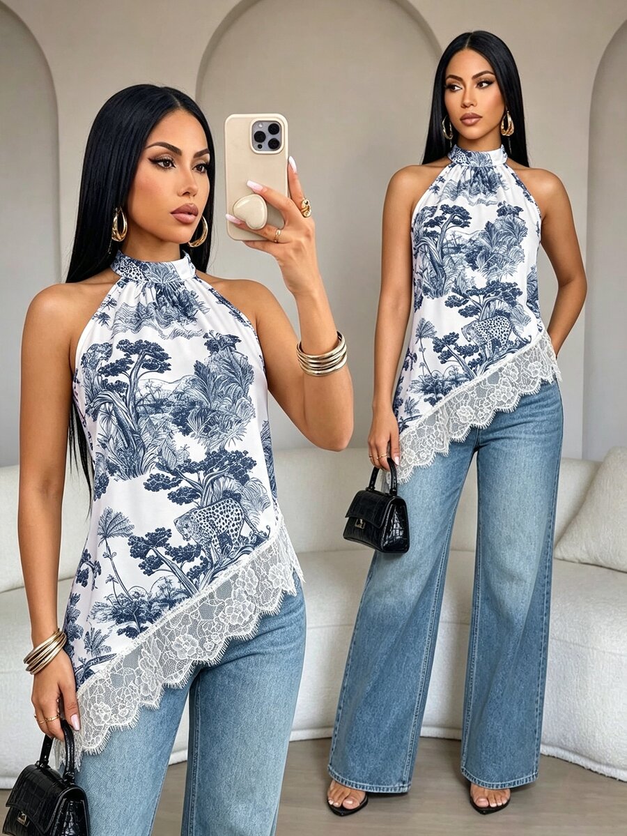 SOLERSUN Atasan Wanita Musim Panas Motif Pemandangan Retro Leher Tinggi Tanpa Lengan dengan Blok Warna dan Renda Bulu Mata
