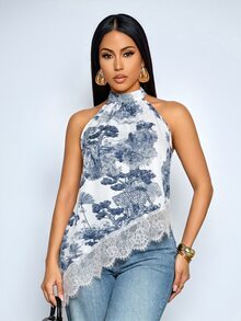 SOLERSUN Atasan Wanita Musim Panas Motif Pemandangan Retro Leher Tinggi Tanpa Lengan dengan Blok Warna dan Renda Bulu Mata - MultiWarna - View 5