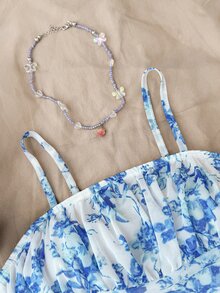 SHEIN 少女蓝白碎花褶皱吊带连衣裙，度假/假日 - 藍白色 - 查看 3