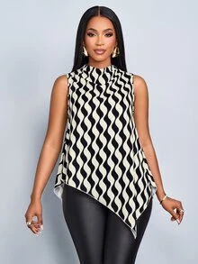 SOLERSUN Women's Summer Wavy Print Draped Mock Neck Sleeveless Blouse Tank Top,Stylish Vacation Party - Multicolor - View 5