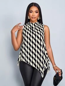 SOLERSUN Women's Summer Wavy Print Draped Mock Neck Sleeveless Blouse Tank Top,Stylish Vacation Party - Multicolor - View 8