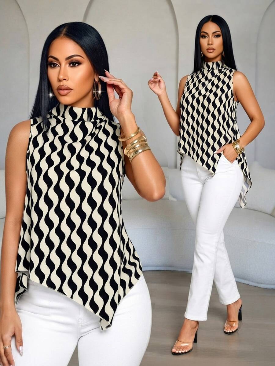 SOLERSUN Women's Summer Wavy Print Draped Mock Neck Sleeveless Blouse Tank Top,Stylish Vacation Party