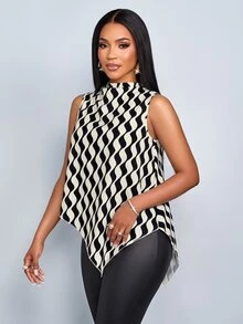 SOLERSUN Women's Summer Wavy Print Draped Mock Neck Sleeveless Blouse Tank Top,Stylish Vacation Party - Multicolor - View 6