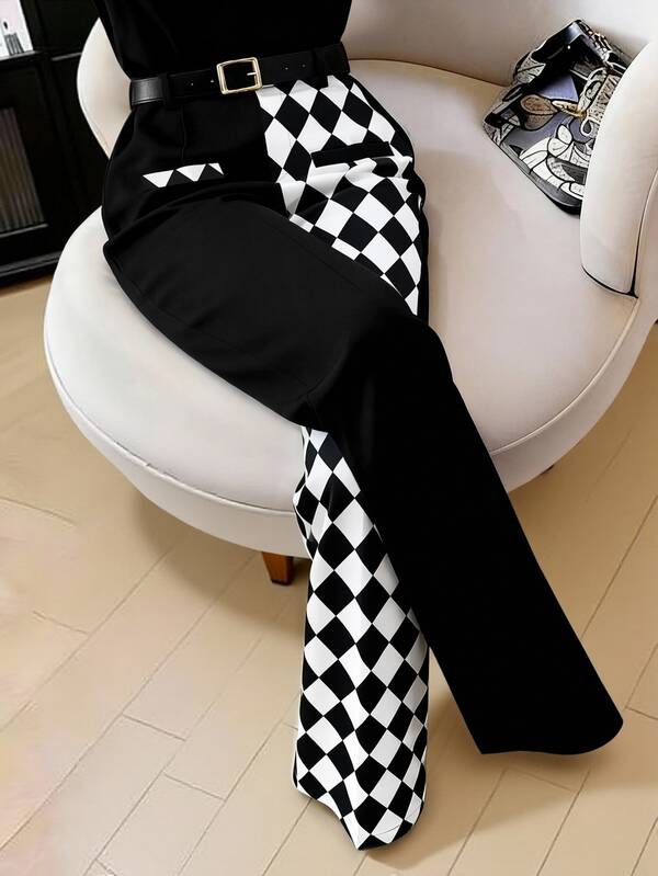 GlowEve CURVE Plus Size Women's Spring/Summer Minimalist Fashion Business Black & White Contrast Color Straight Leg Pants With Belt