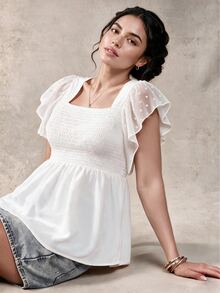 SHEIN CURVE+ 大尺碼女款方領短袖修身休閒浪漫束腰襯衫 度假全白夏季款 - 白色 - 查看 8